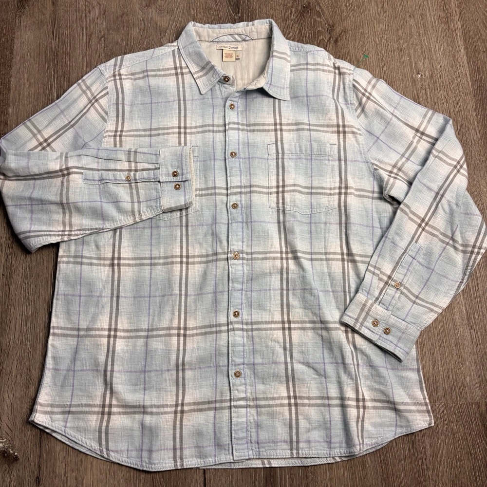 Carbon 2 Cobalt Men's XL Double Layer Gauze Cotton Blue Plaid Button Up Shirt